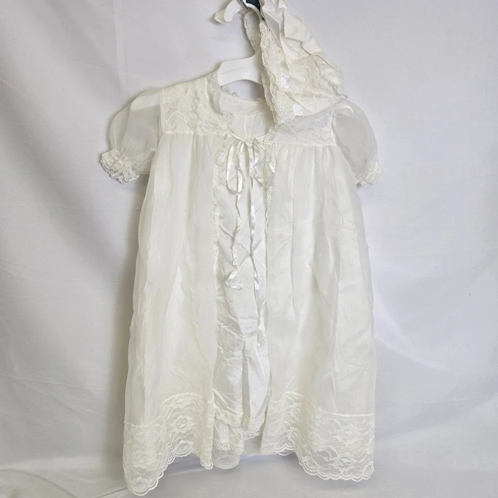 Christening Baptism‎ Set 3 Piece, Slip Robe Bonnet, White 0-3 Months Vintage